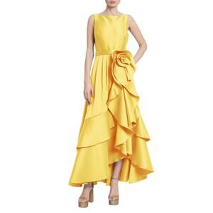 Badgley Mischka Women's Cascading Ruffle Rosette Gown Sleeveless Yellow Size 6